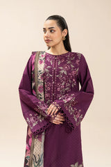 BEECHTREE-3PC EMBROIDERED DHANAK SHIRT WITH PRINTED SHAWL AND TROUSER - RB11232