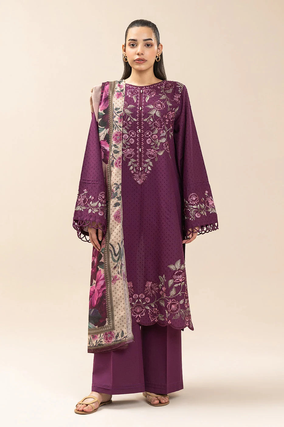BEECHTREE-3PC EMBROIDERED DHANAK SHIRT WITH PRINTED SHAWL AND TROUSER - RB11232