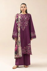BEECHTREE-3PC EMBROIDERED DHANAK SHIRT WITH PRINTED SHAWL AND TROUSER - RB11232