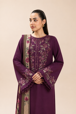 BEECHTREE-3PC EMBROIDERED DHANAK SHIRT WITH PRINTED SHAWL AND TROUSER - RB11232