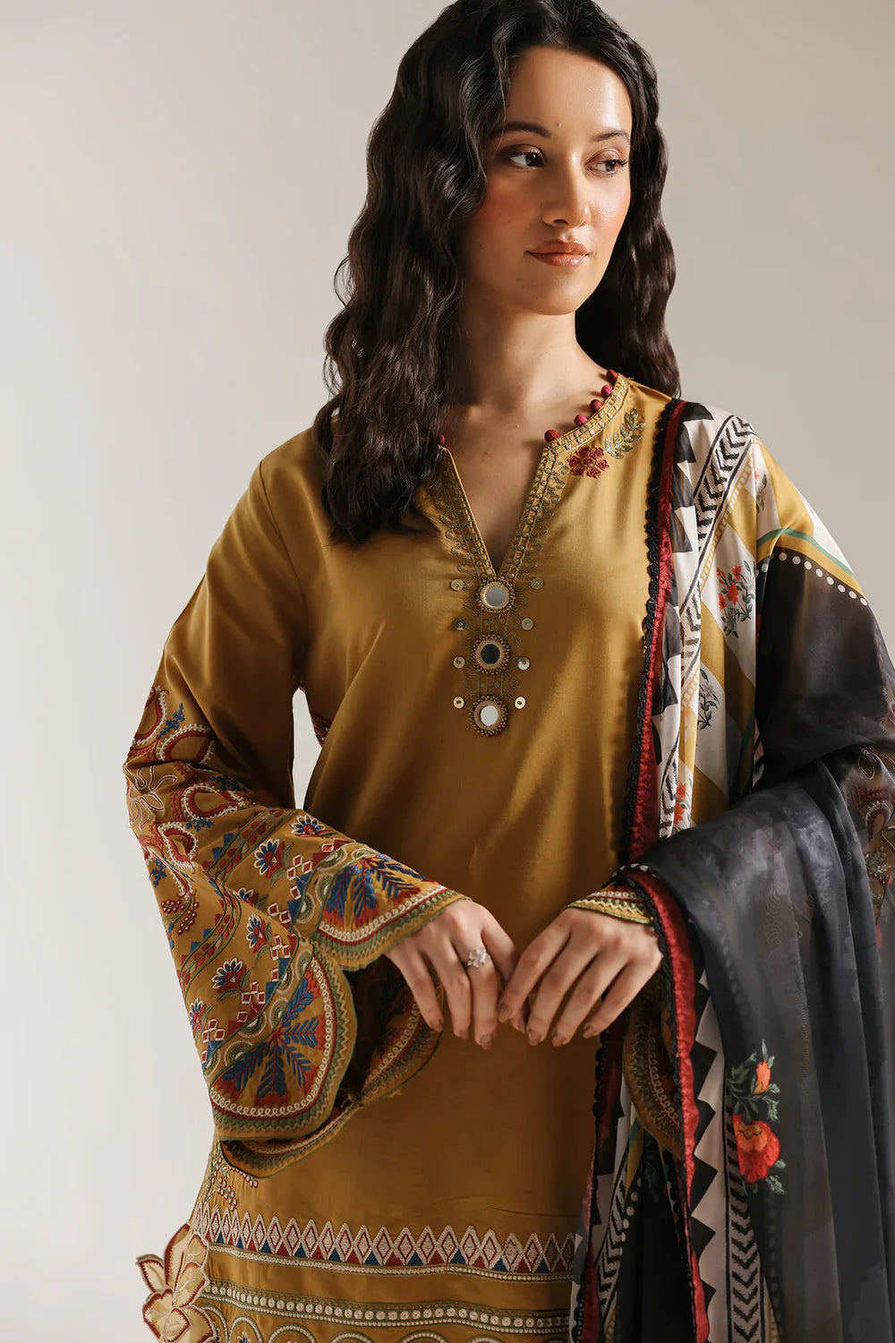 MERAJORA -3PC EMBROIDERED DHANAK SHIRT WITH PRINTED SHAWL AND TROUSER - RB11233