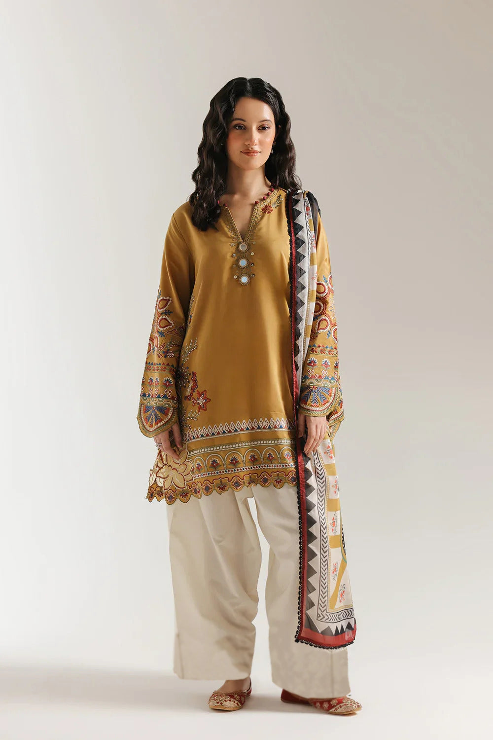 MERAJORA -3PC EMBROIDERED DHANAK SHIRT WITH PRINTED SHAWL AND TROUSER - RB11233
