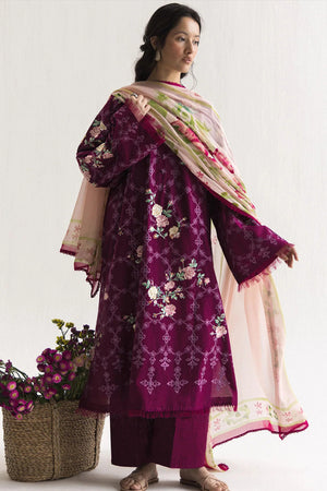 ZARA SHAHJAHAN -3PC EMBROIDERED DHANAK SHIRT WITH PRINTED SHAWL AND TROUSER - RB11234