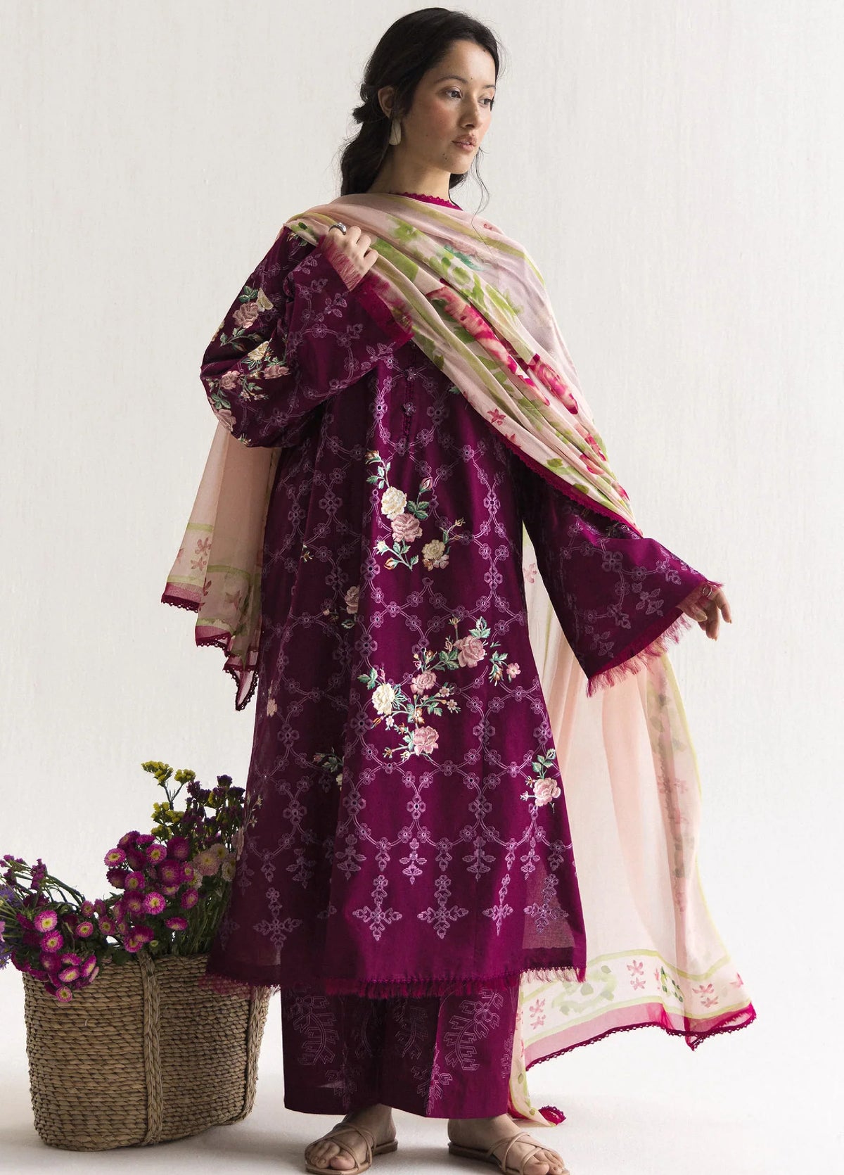 ZARA SHAHJAHAN -3PC EMBROIDERED DHANAK SHIRT WITH PRINTED SHAWL AND TROUSER - RB11234