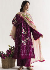 ZARA SHAHJAHAN -3PC EMBROIDERED DHANAK SHIRT WITH PRINTED SHAWL AND TROUSER - RB11234