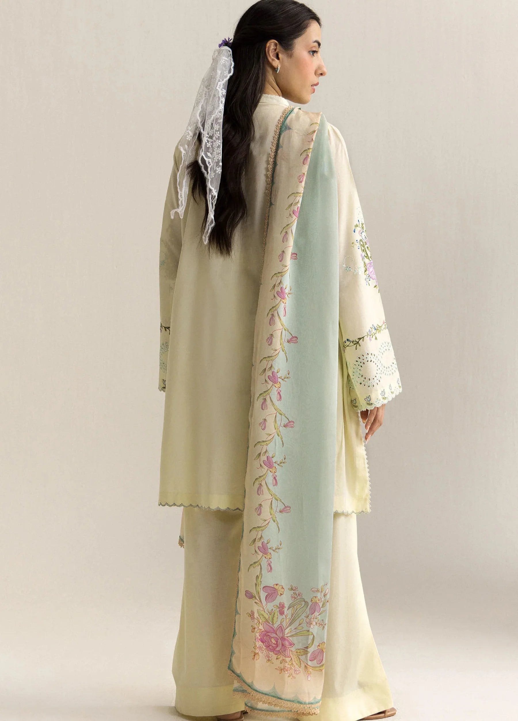 ZARA SHAHJAHAN -3PC EMBROIDERED DHANAK SHIRT WITH PRINTED SHAWL AND TROUSER - RB11235
