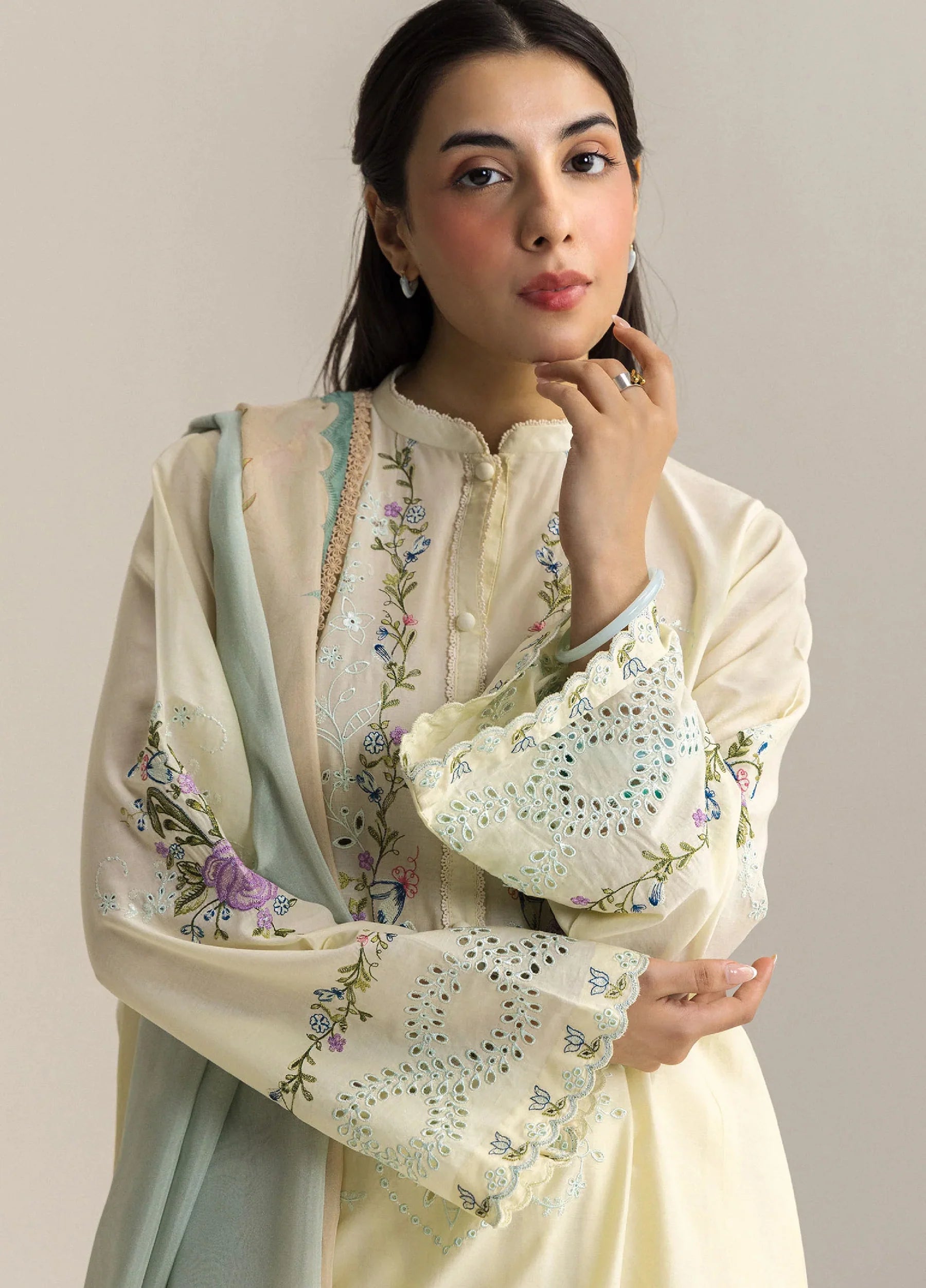 ZARA SHAHJAHAN -3PC EMBROIDERED DHANAK SHIRT WITH PRINTED SHAWL AND TROUSER - RB11235
