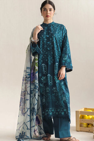 ZARA SHAHJAHAN -3PC EMBROIDERED DHANAK SHIRT WITH PRINTED SHAWL AND TROUSER - RB11236