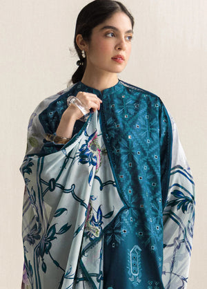 ZARA SHAHJAHAN -3PC EMBROIDERED DHANAK SHIRT WITH PRINTED SHAWL AND TROUSER - RB11236