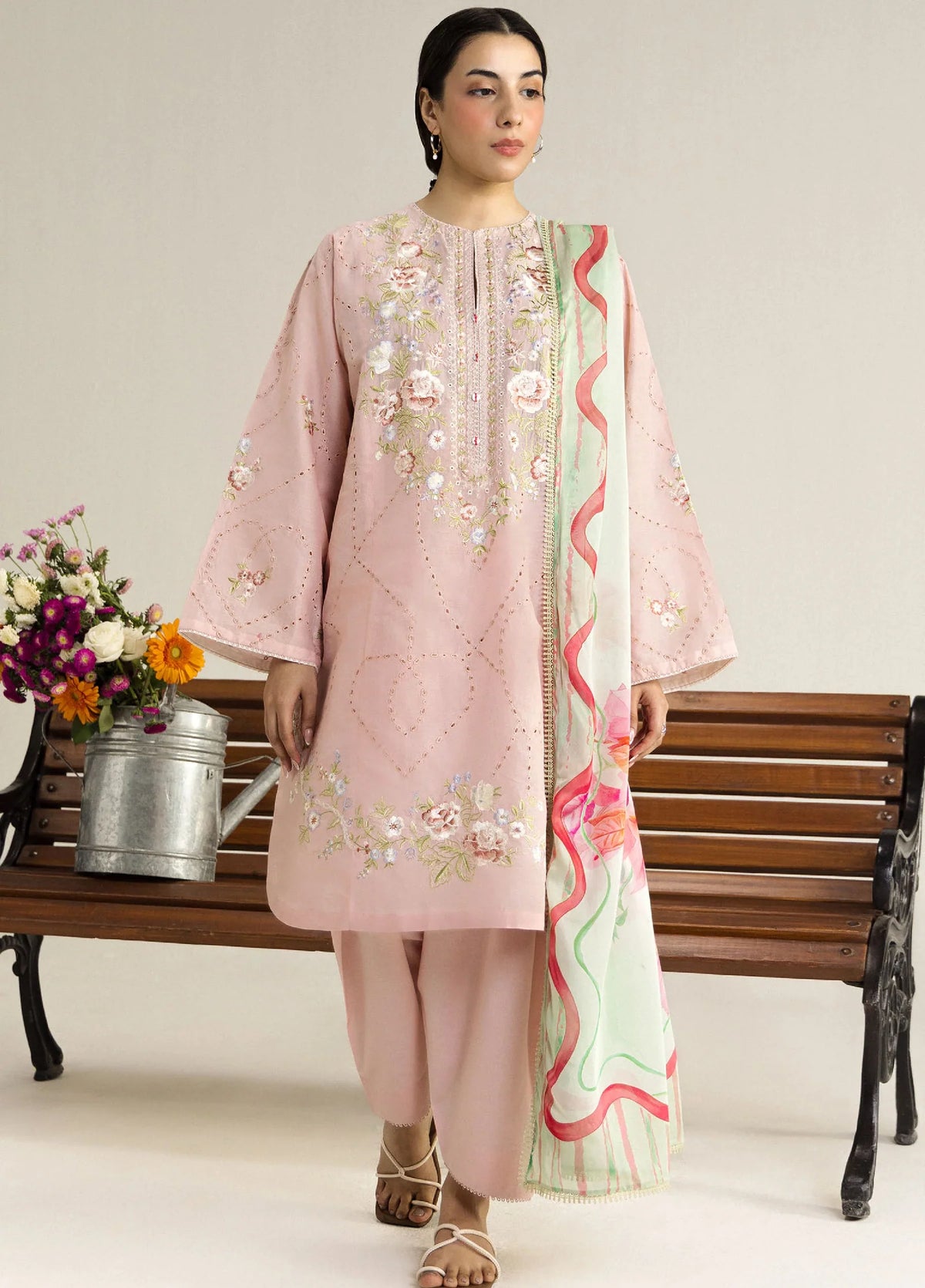 ZARA SHAHJAHAN -3PC EMBROIDERED DHANAK SHIRT WITH PRINTED SHAWL AND TROUSER - RB11237