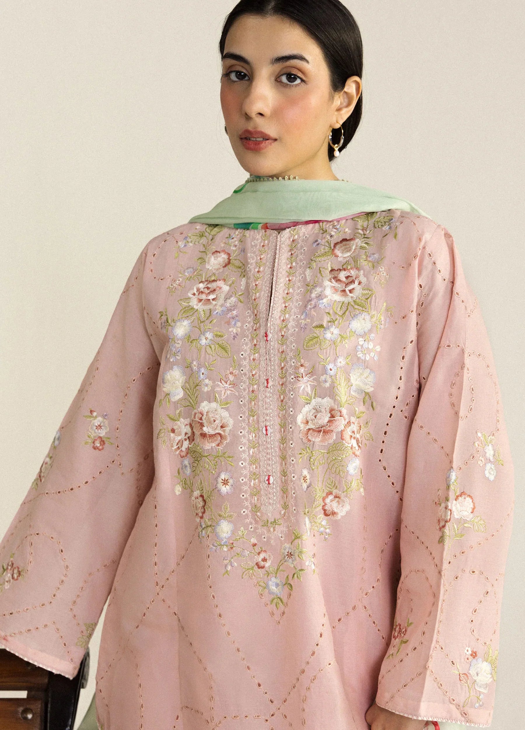ZARA SHAHJAHAN -3PC EMBROIDERED DHANAK SHIRT WITH PRINTED SHAWL AND TROUSER - RB11237