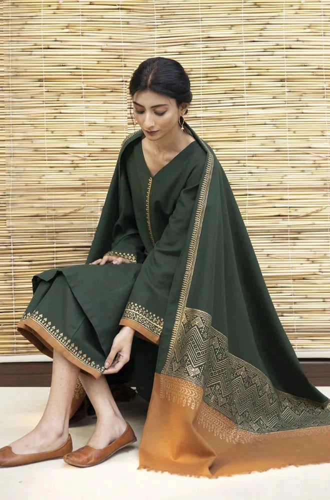 AISLING - 3PC DHANAK EMBROIDERED SHIRT WITH PRINTED SHAWL AND TROUSER - RB11242