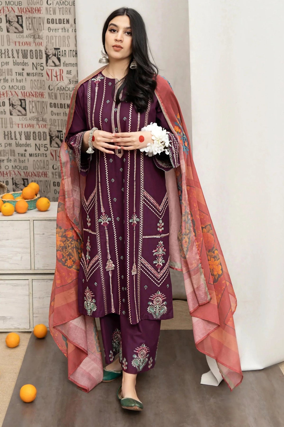 URGE - 3PC DHANAK EMBROIDERED SHIRT WITH PRINTED SHAWL AND EMBROIDERED TROUSER - RB11243