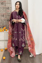 URGE - 3PC DHANAK EMBROIDERED SHIRT WITH PRINTED SHAWL AND EMBROIDERED TROUSER - RB11243