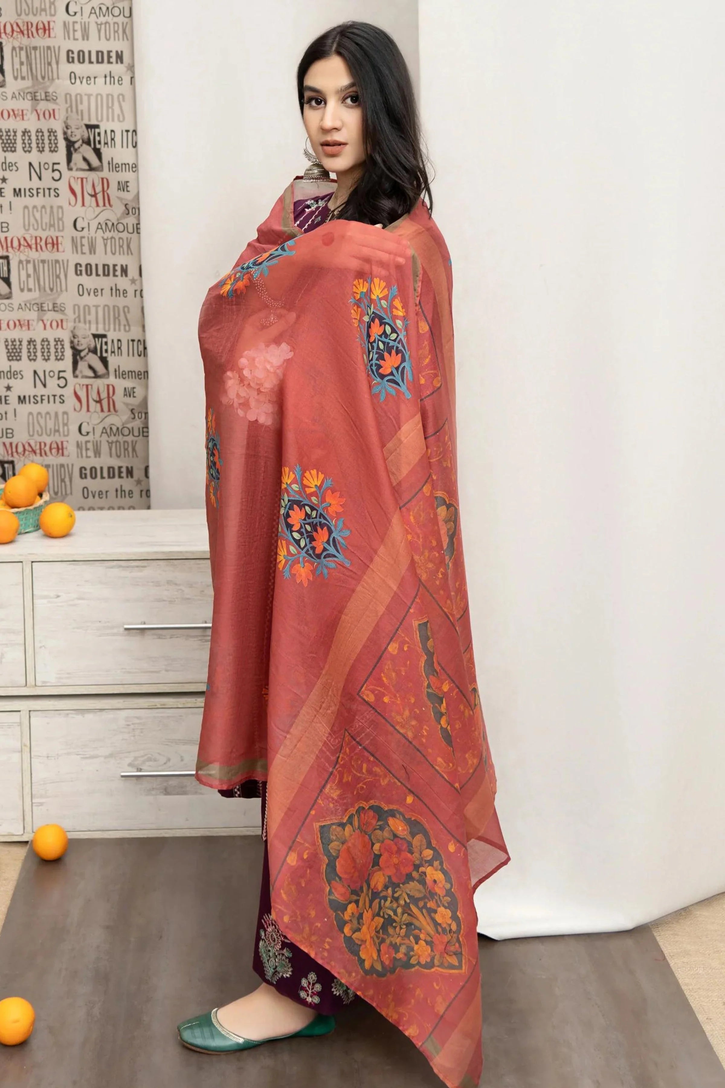 URGE - 3PC DHANAK EMBROIDERED SHIRT WITH PRINTED SHAWL AND EMBROIDERED TROUSER - RB11243