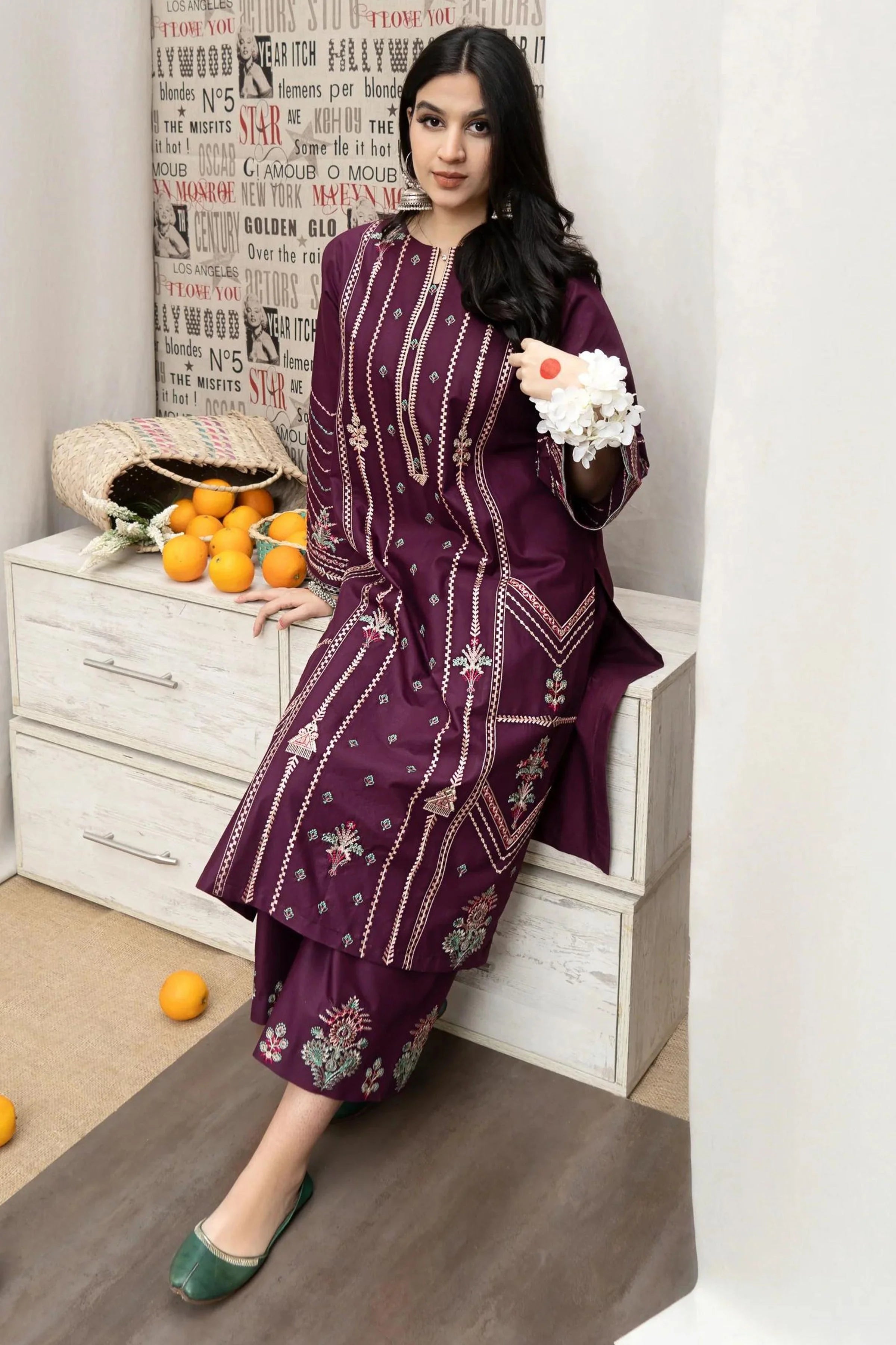 URGE - 3PC DHANAK EMBROIDERED SHIRT WITH PRINTED SHAWL AND EMBROIDERED TROUSER - RB11243