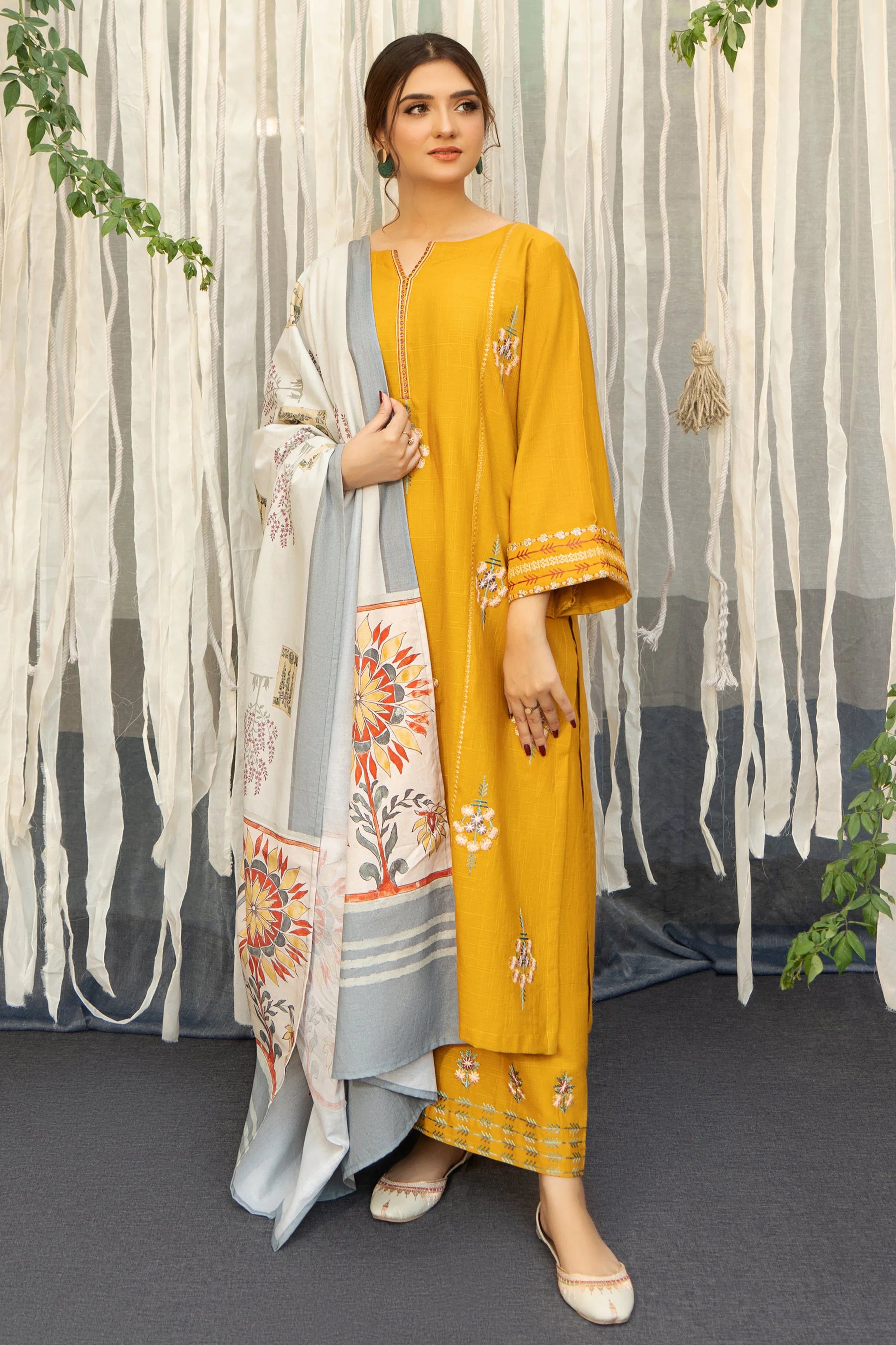 URGE - 3PC DHANAK EMBROIDERED SHIRT WITH PRINTED SHAWL AND TROUSER - RB11245