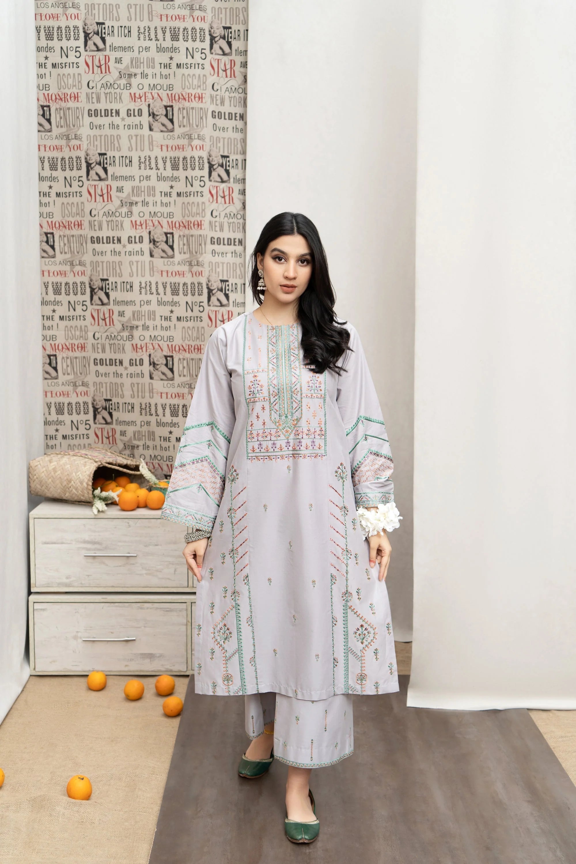 URGE - 3PC DHANAK EMBROIDERED SHIRT WITH PRINTED SHAWL AND TROUSER - RB11247