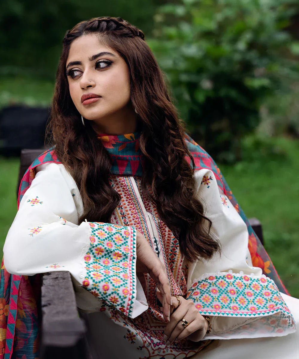 SAPPHIRE - 3PC DHANAK EMBROIDERED SHIRT WITH PRINTED SHAWL AND TROUSER - RB11248