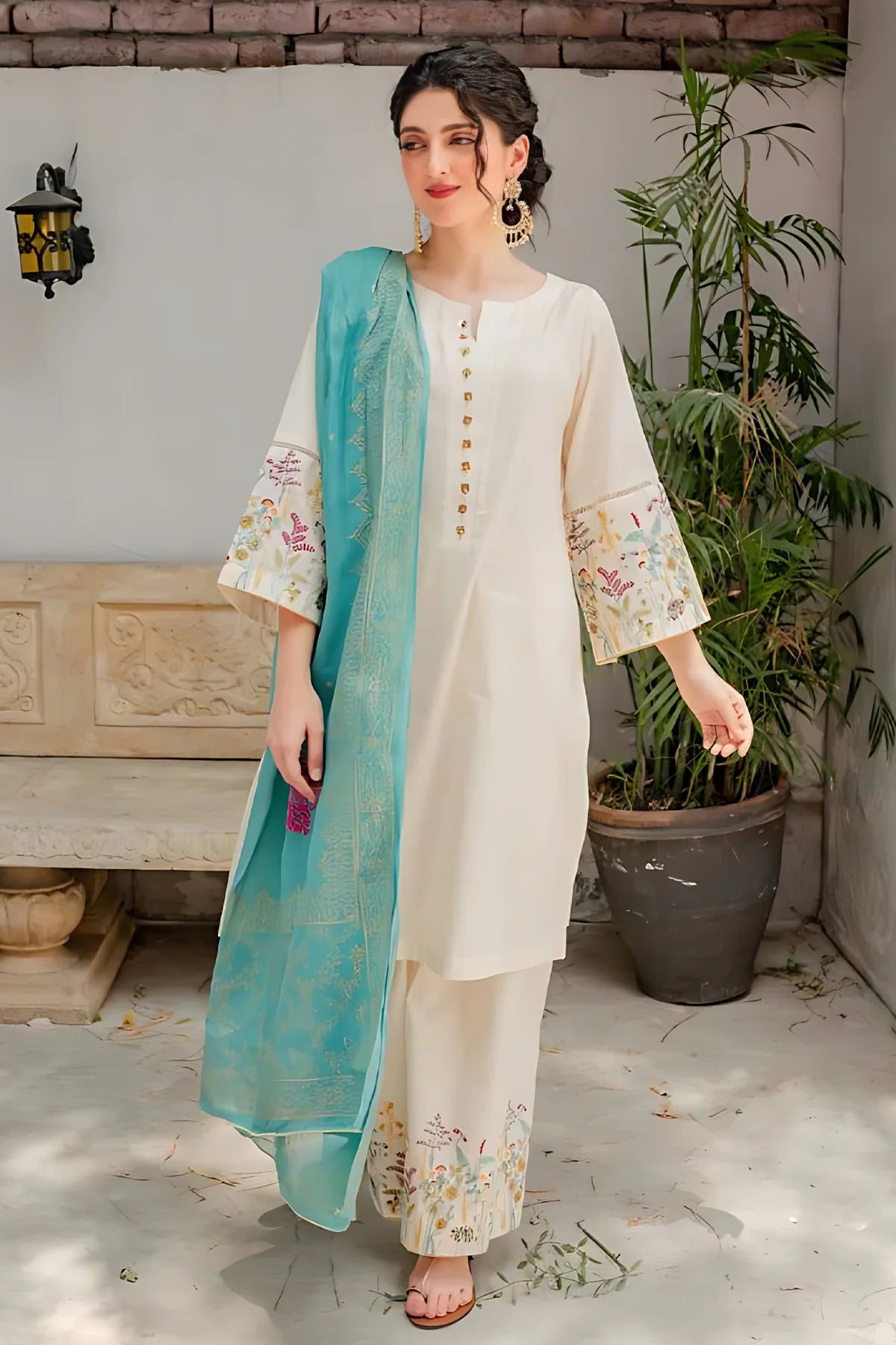 DYOT - 3PC DHANAK EMBROIDERED SHIRT WITH PRINTED ORGANZA DUPATTA AND TROUSER - RB11250