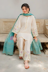 DYOT - 3PC DHANAK EMBROIDERED SHIRT WITH PRINTED ORGANZA DUPATTA AND TROUSER - RB11250