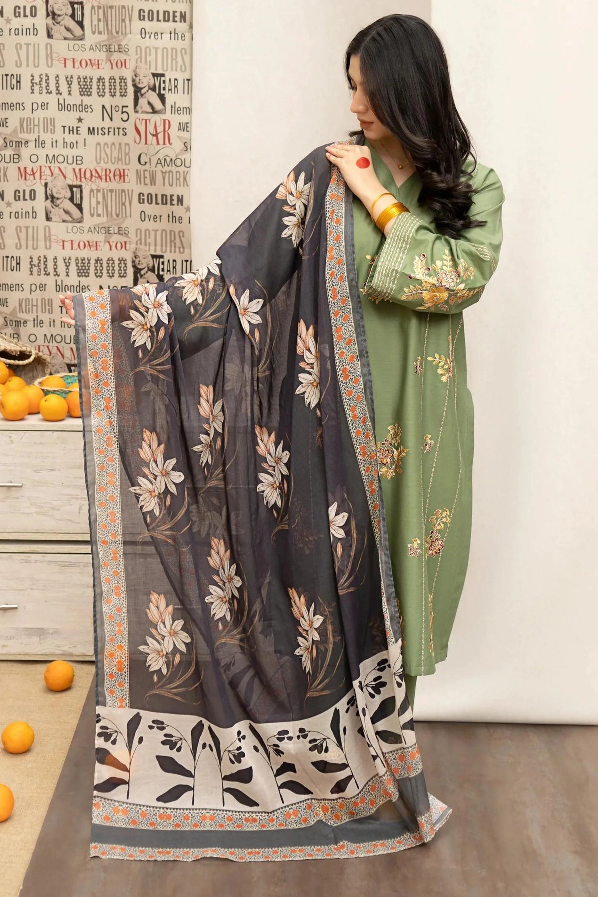URGE - 3PC DHANAK EMBROIDERED SHIRT WITH PRINTED SHAWL AND TROUSER - RB11252