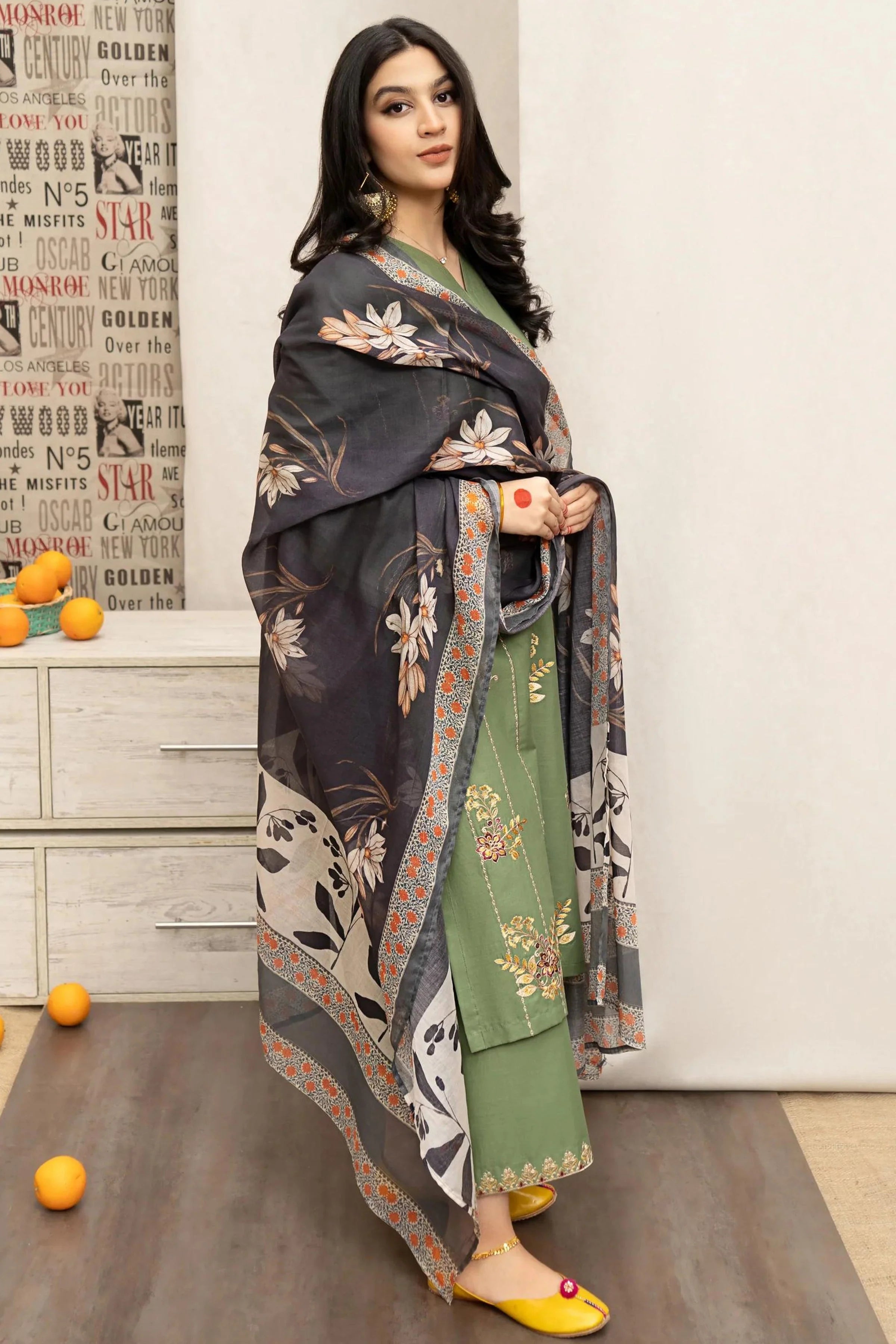 URGE - 3PC DHANAK EMBROIDERED SHIRT WITH PRINTED SHAWL AND TROUSER - RB11252