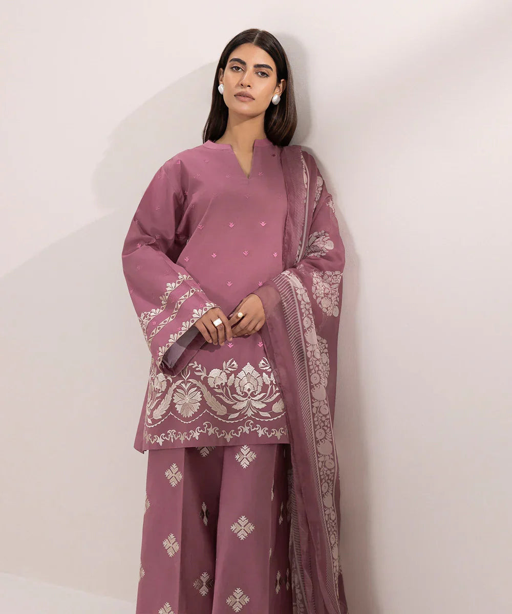 SAPPHIRE - 3PC DHANAK EMBROIDERED SHIRT WITH ORGANZA PRINTED DUPATTA AND EMBROIDERED TROUSER - RB11253