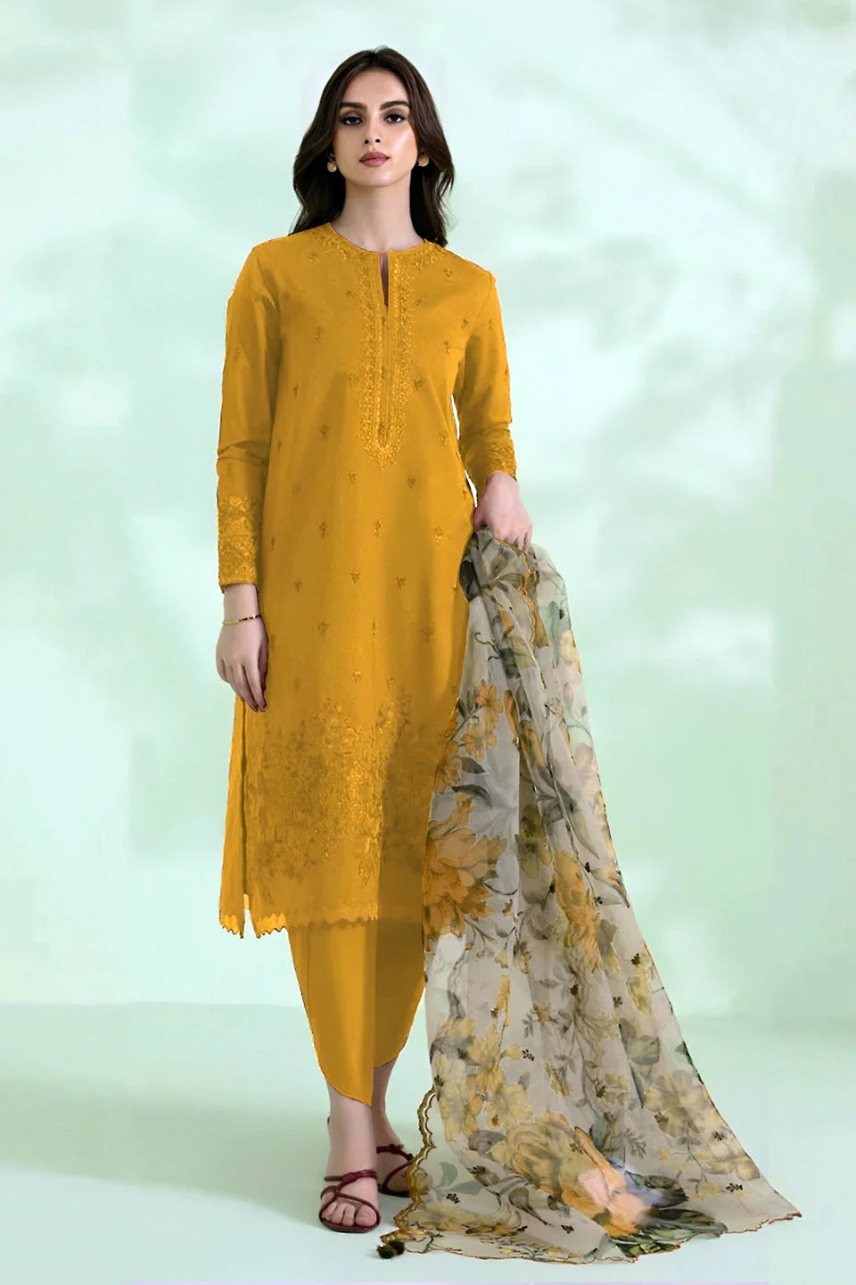 SAPPHIRE - 3PC DHANAK EMBROIDERED SHIRT WITH ORGANZA PRINTED DUPATTA & TROUSER - RB11255