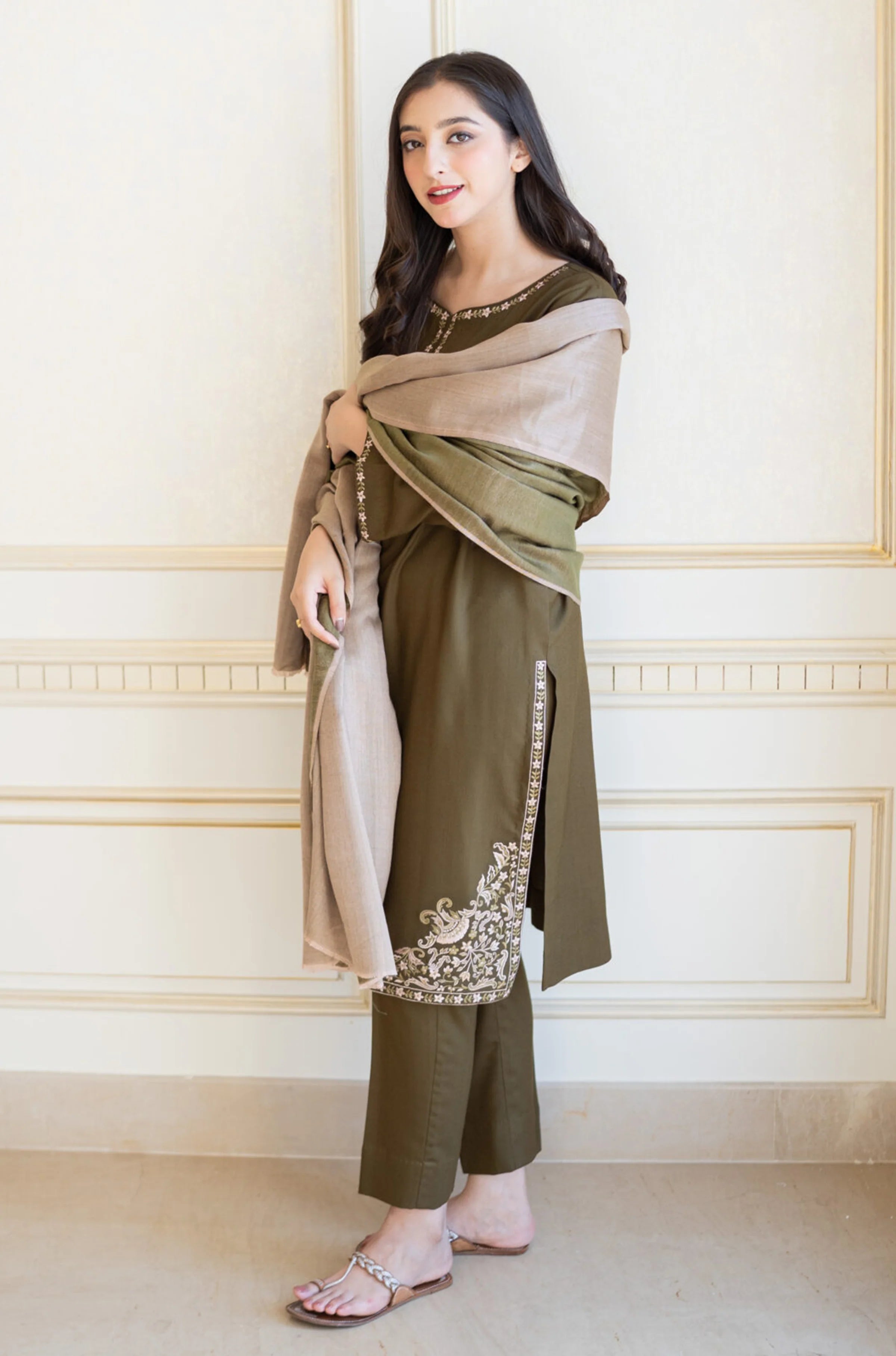 AISLING - 3PC DHANAK EMBROIDERED SHIRT WITH PRINTED SHAWL AND TROUSER - RB11256