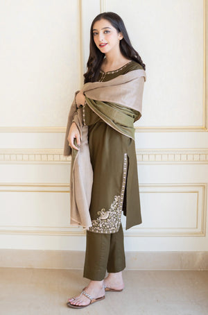AISLING - 3PC DHANAK EMBROIDERED SHIRT WITH PRINTED SHAWL AND TROUSER - RB11256