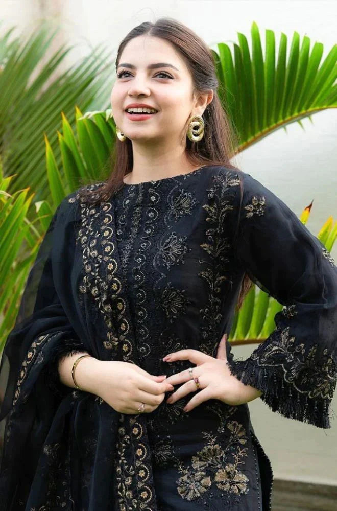 DANANEER - 3PC DHANAK EMBROIDERED SHIRT WITH ORGANZA EMBROIDERED DUPATTA AND TROUSER - RB11257