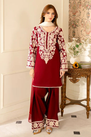 JAZMIN-3PC EMBROIDERED DHANAK SHIRT WITH PRINTED SHAWL AND TROUSER - RB11261