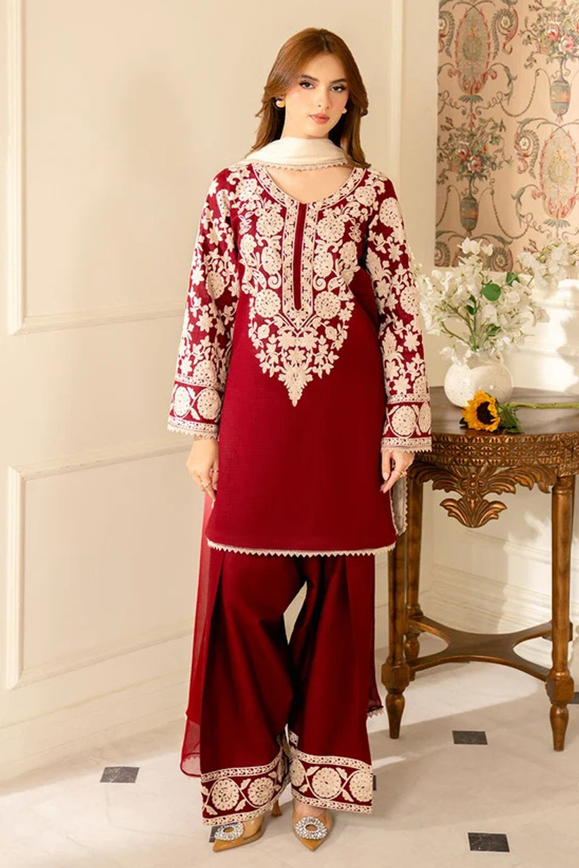 JAZMIN-3PC EMBROIDERED DHANAK SHIRT WITH PRINTED SHAWL AND TROUSER - RB11261