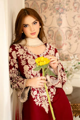 JAZMIN-3PC EMBROIDERED DHANAK SHIRT WITH PRINTED SHAWL AND TROUSER - RB11261