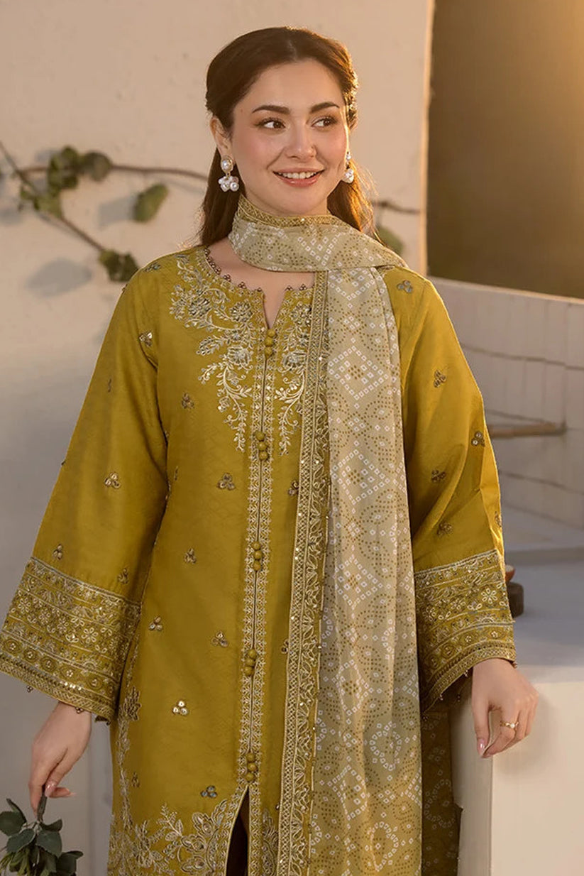 QALAMQAR -3PC EMBROIDERED DHANAK SHIRT WITH PRINTED SHAWL AND TROUSER - RB11264