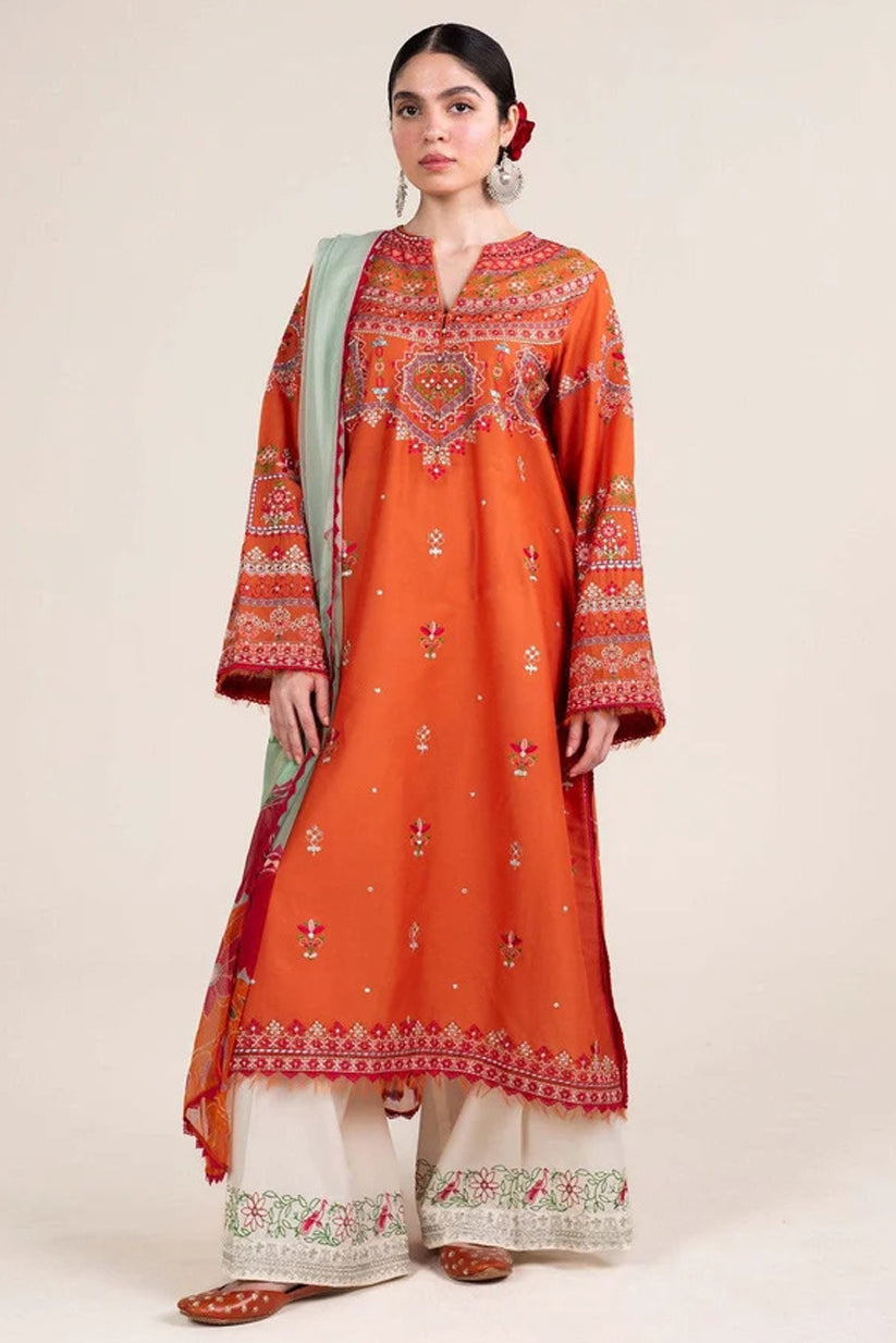 ZARA SHAHJAHAN- 3PC EMBROIDERED DHANAK SHIRT WITH PRINTED SHAWL AND TROUSER - RB11265