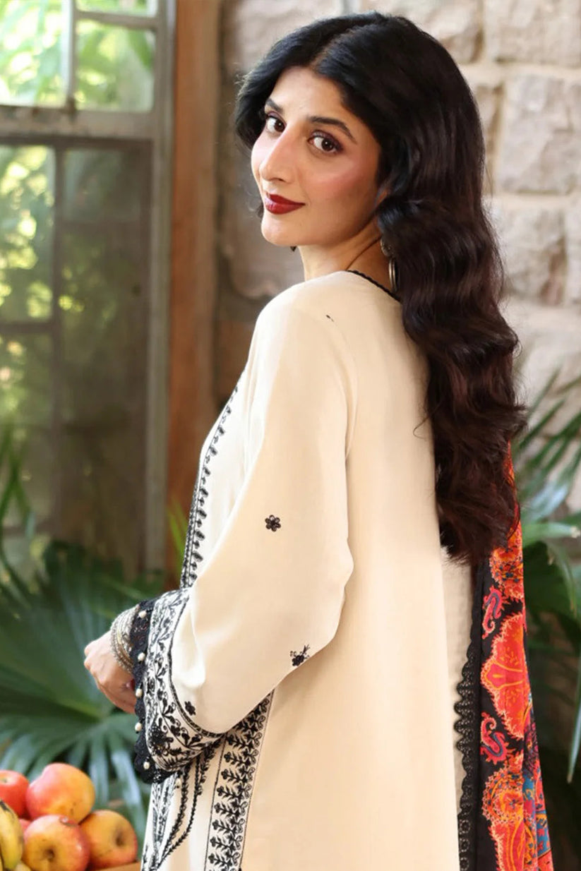 ASIM JOFA -3PC EMBROIDERED DHANAK SHIRT WITH PRINTED SHAWL AND TROUSER - RB11266
