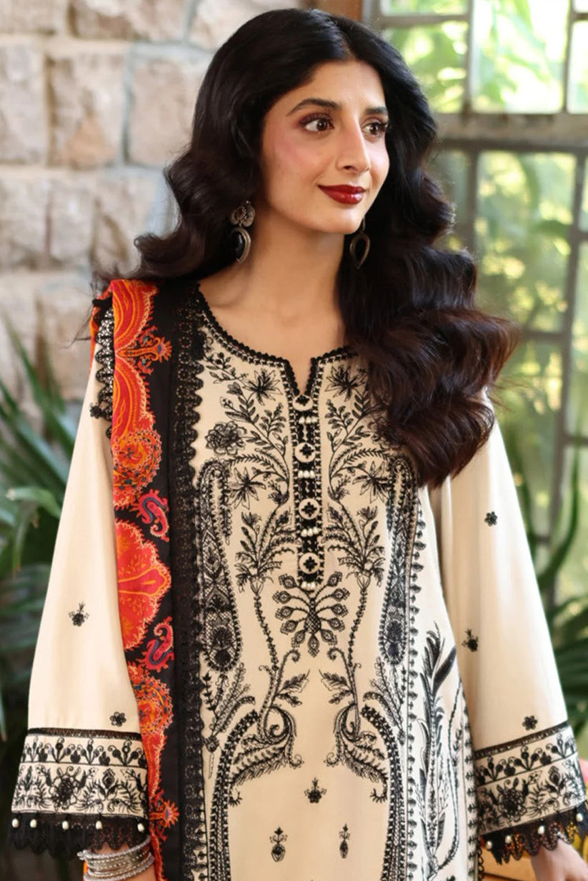 ASIM JOFA -3PC EMBROIDERED DHANAK SHIRT WITH PRINTED SHAWL AND TROUSER - RB11266