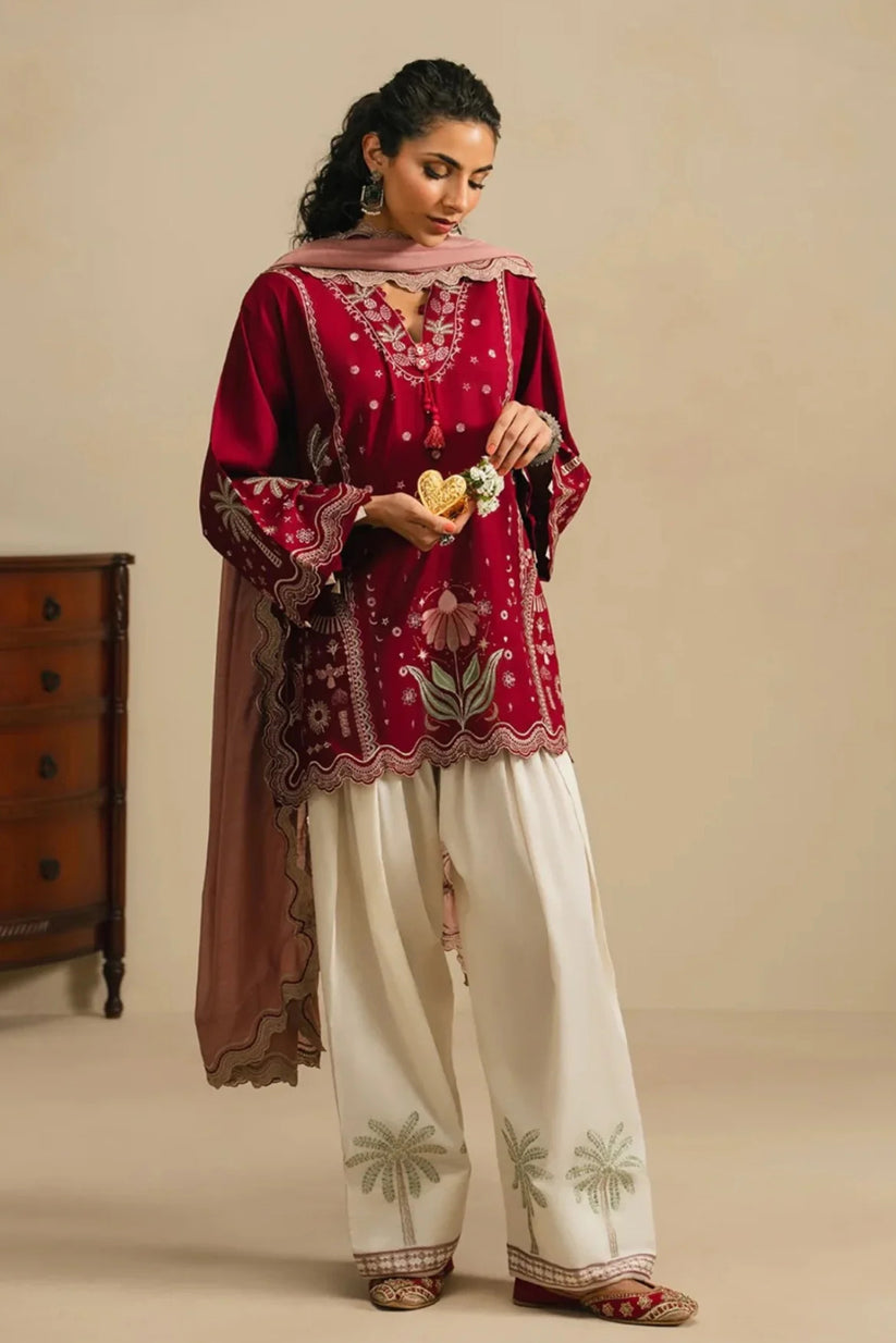 ETHNIC -3PC EMBROIDERED DHANAK SHIRT WITH PRINTED SHAWL AND TROUSER - RB11267