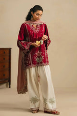 ETHNIC -3PC EMBROIDERED DHANAK SHIRT WITH PRINTED SHAWL AND TROUSER - RB11267