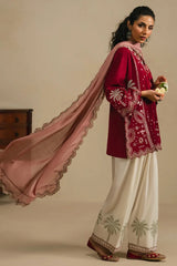 ETHNIC -3PC EMBROIDERED DHANAK SHIRT WITH PRINTED SHAWL AND TROUSER - RB11267
