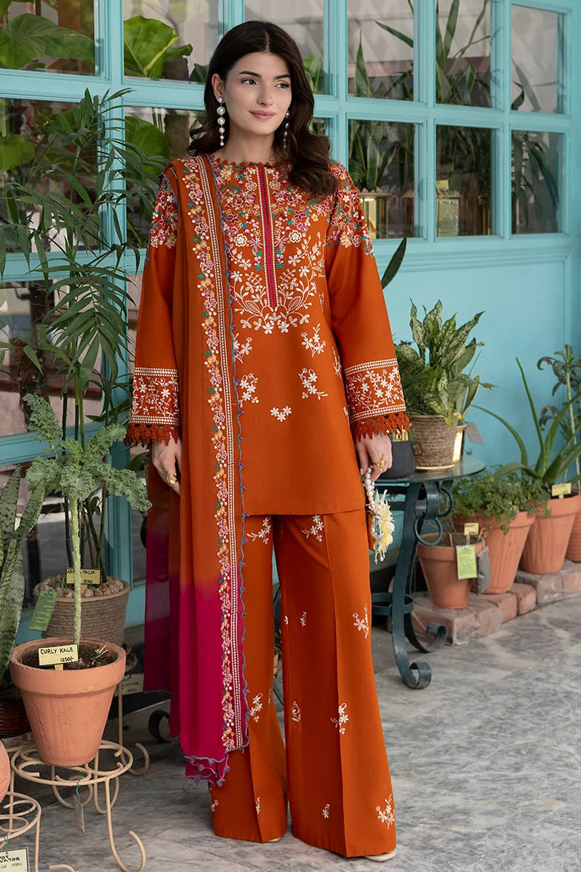 ZELLBURY -3PC EMBROIDERED DHANAK SHIRT WITH PRINTED SHAWL AND TROUSER - RB11268