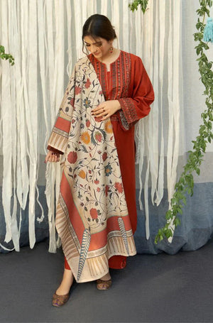 URGE - 3PC DHANAK EMBROIDERED SHIRT WITH PRINTED SHAWL AND TROUSER - RB11129