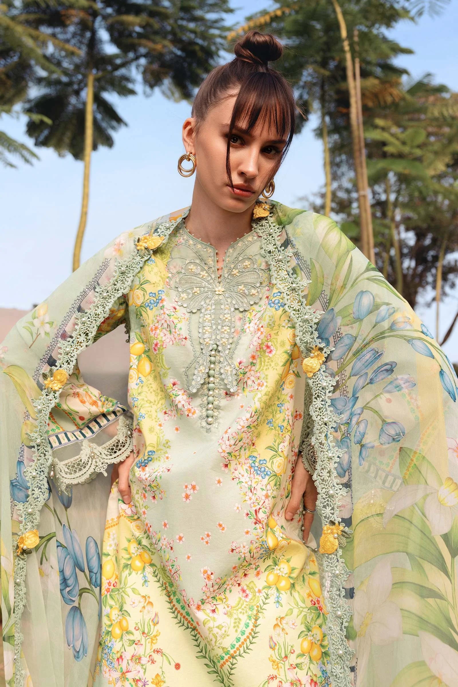 MARIA B - 3PC PRINTED SHIRT WITH PATCHES AND CHIFFON DUPATA AND TROUSER - RB11168
