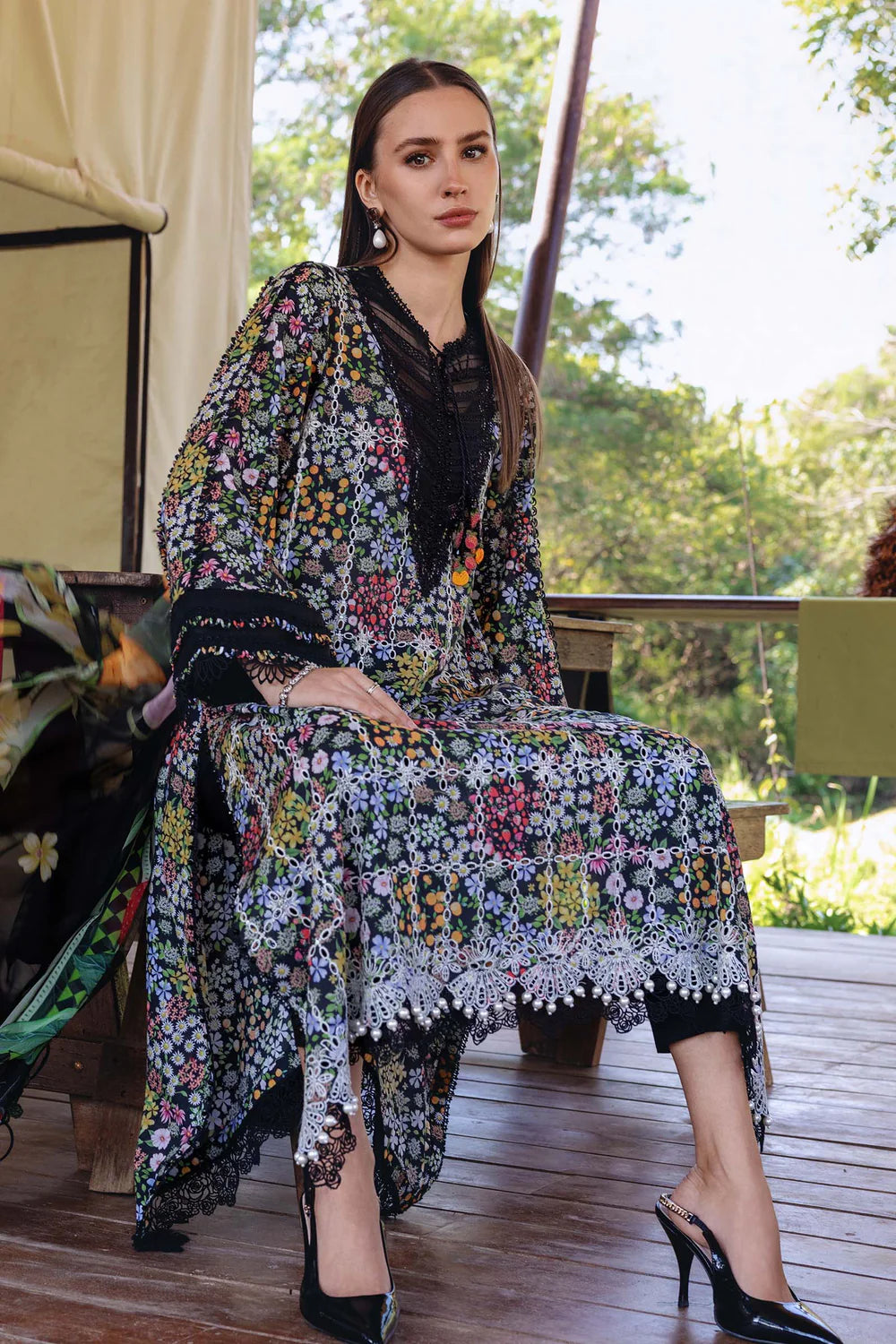 MARIA B - 3PC PRINTED SHIRT WITH PATCHES AND CHIFFON DUPATA AND TROUSER - RB11174