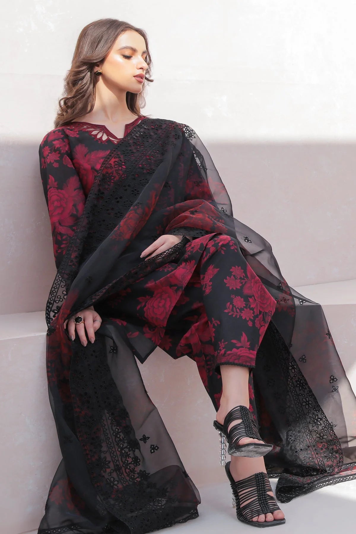 BAROQUE - 3PC PRINTED SHIRT WITH PATCHES AND CHIFFON DUPATA AND TROUSER - RB11183