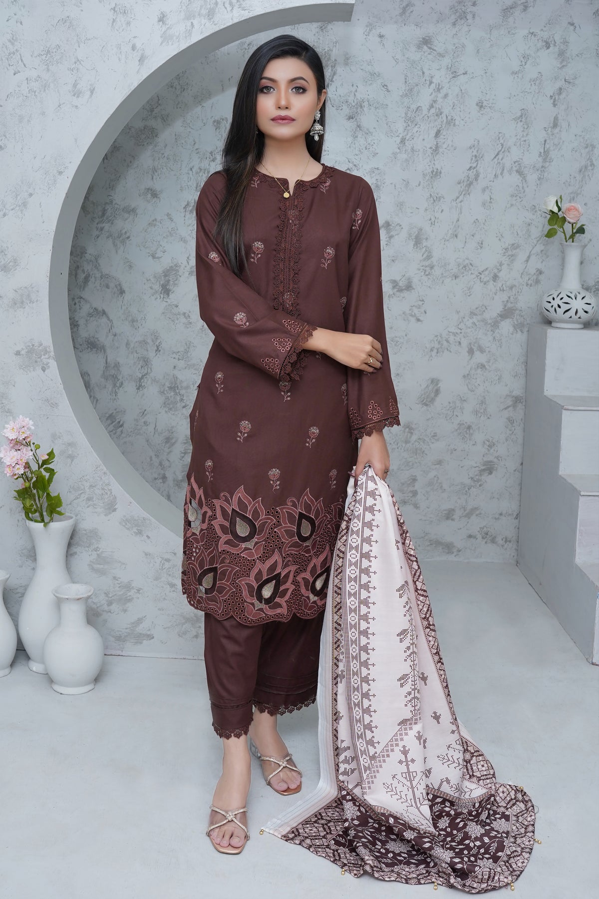 BAKHIYA - 3PC DHANAK EMBROIDERED LASER CUTTING SHIRT WITH PASHMINA SHAWL AND TROUSER - RB11108