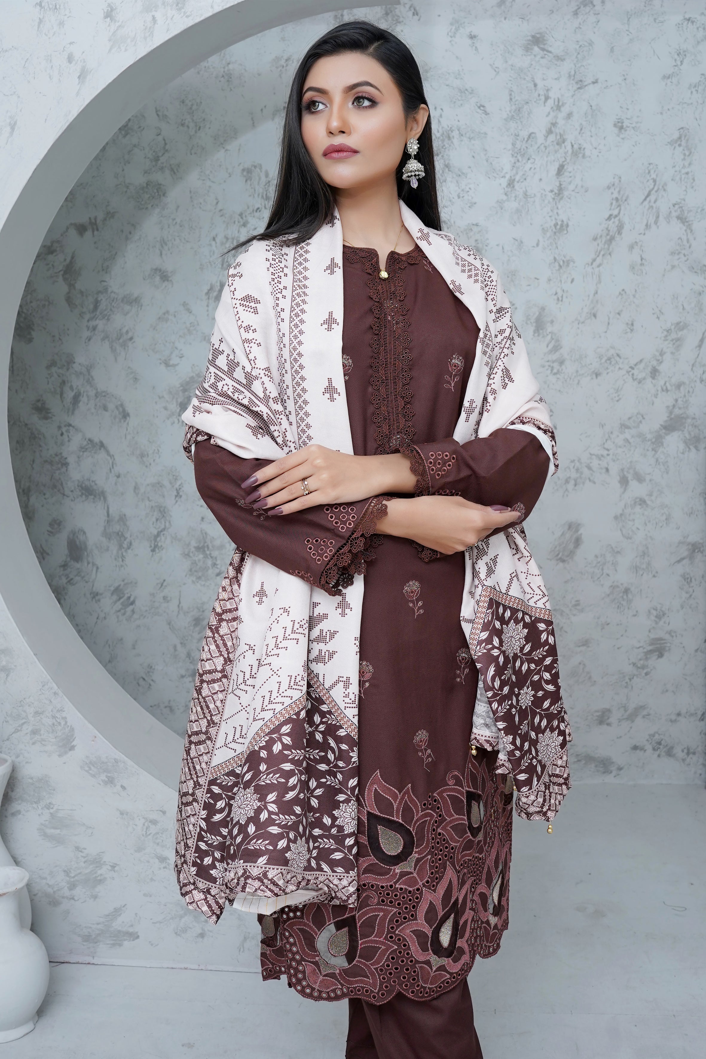 BAKHIYA - 3PC DHANAK EMBROIDERED LASER CUTTING SHIRT WITH PASHMINA SHAWL AND TROUSER - RB11108