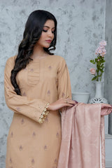 BAKHIYA - 3PC DHANAK EMBROIDERED LASER CUTTING SHIRT WITH PASHMINA SHAWL AND TROUSER - RB11110